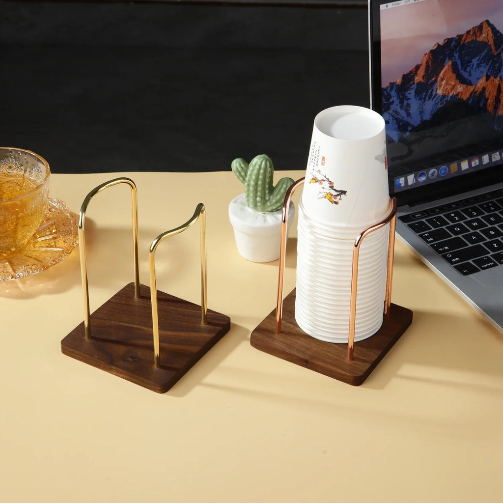 Metal Disposable Cup Storage Holder Water Tea Cups Dispenser Rack Shelf with Wooden Base Mug Display Stand Home Organizer