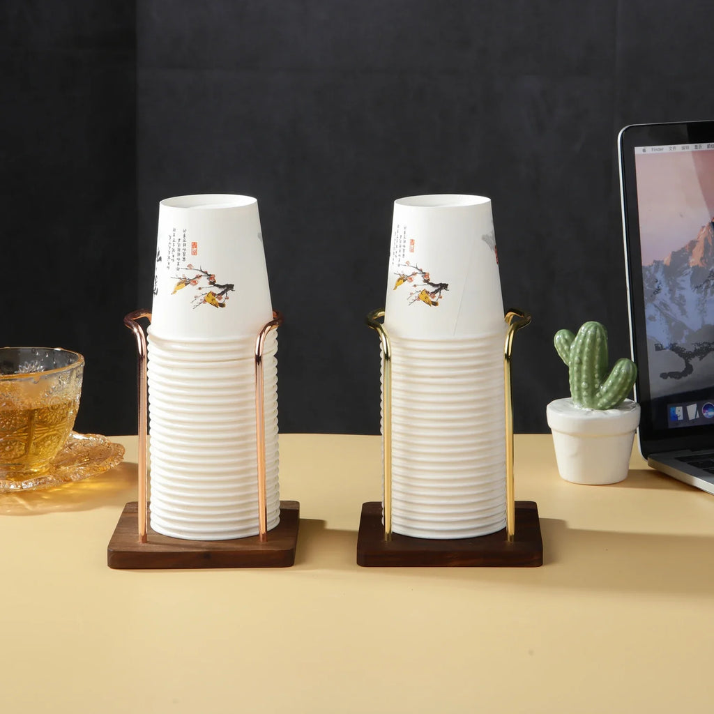 Metal Disposable Cup Storage Holder Water Tea Cups Dispenser Rack Shelf with Wooden Base Mug Display Stand Home Organizer