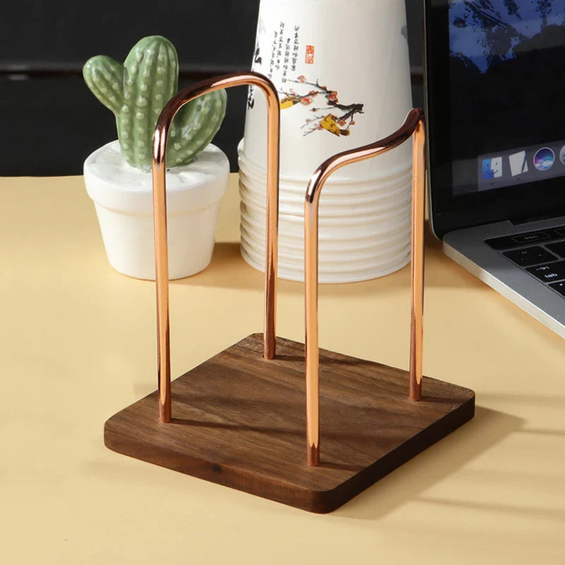 Metal Disposable Cup Storage Holder Water Tea Cups Dispenser Rack Shelf with Wooden Base Mug Display Stand Home Organizer